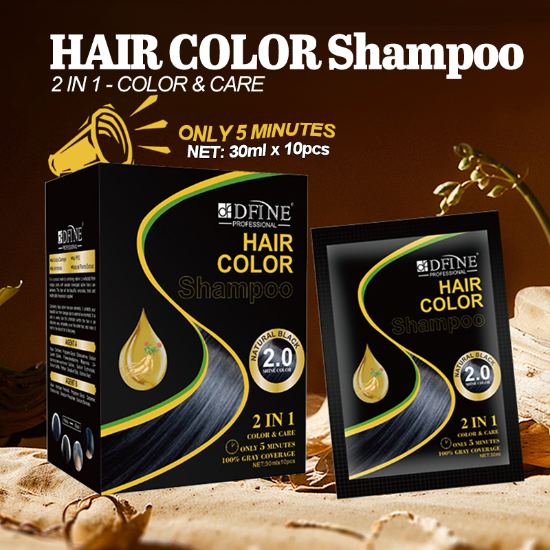 Natural Hair Color Shampoo 2-in-1 Black Dye & Care Covers White Hair, Gentle & Lasting 30ml*10 Sachets